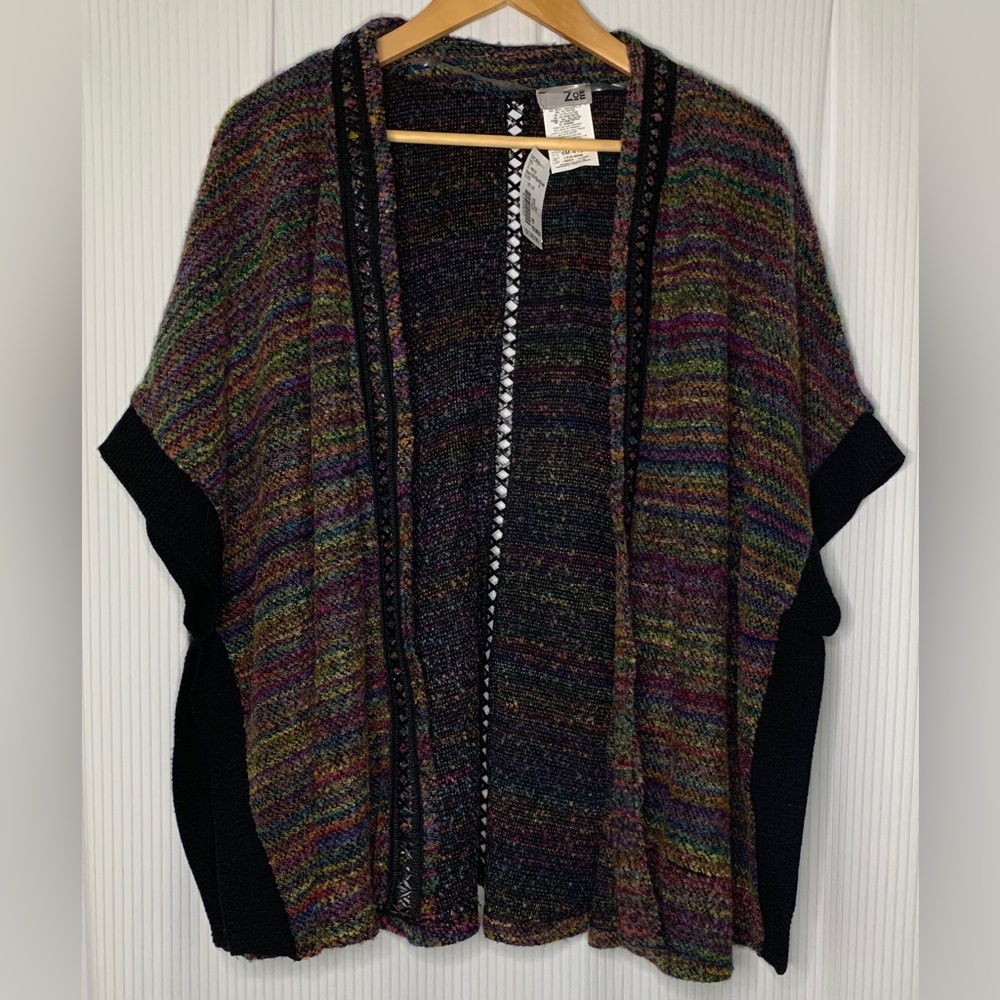 Zoe - Rainbow Multicoloured Open Front Shrug / Poncho / Shawl With Woven Details